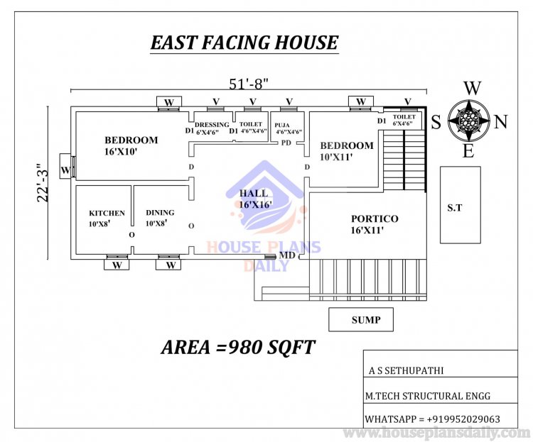 EAST FACING HOUSE PLAN WITH 2BHK
