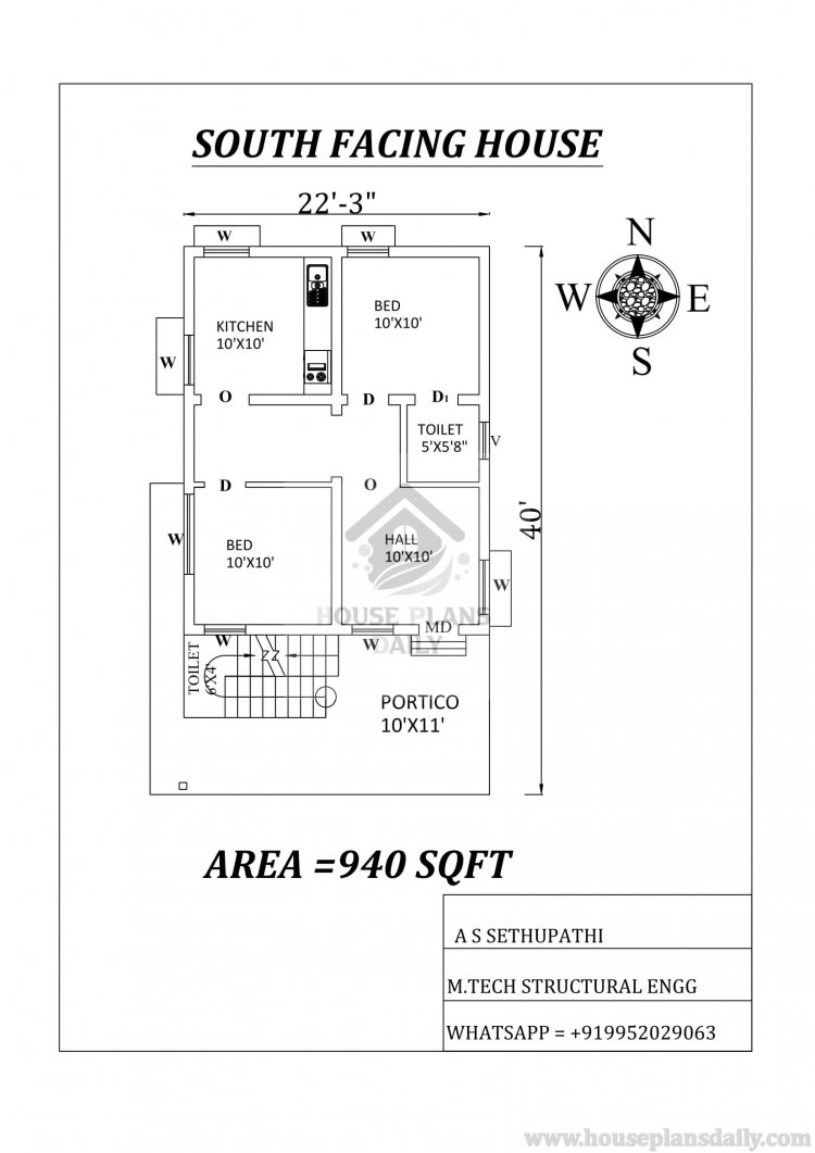 940 SQFT 2BHK South Facing House Plan