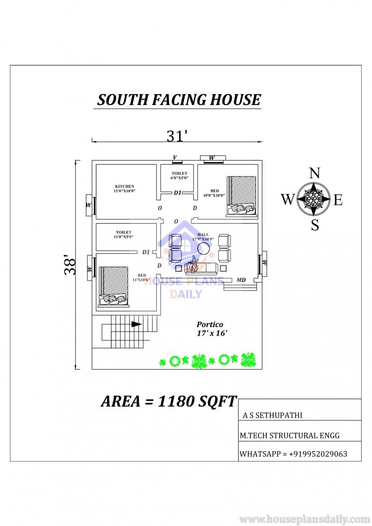 2BHK South Facing House Plan