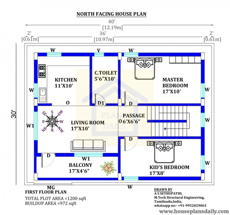 40x30 North Facing House Plan 