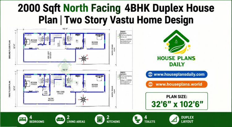 2000 Sqft North Facing 4BHK Duplex House Plan | Two Story Vastu Home Design