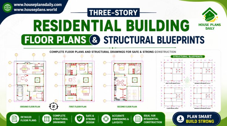 Three Story Residential Building Floor Plans and Structural Blueprints