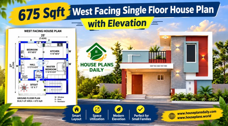 675 Sqft West Facing Single Floor House Plan with Elevation