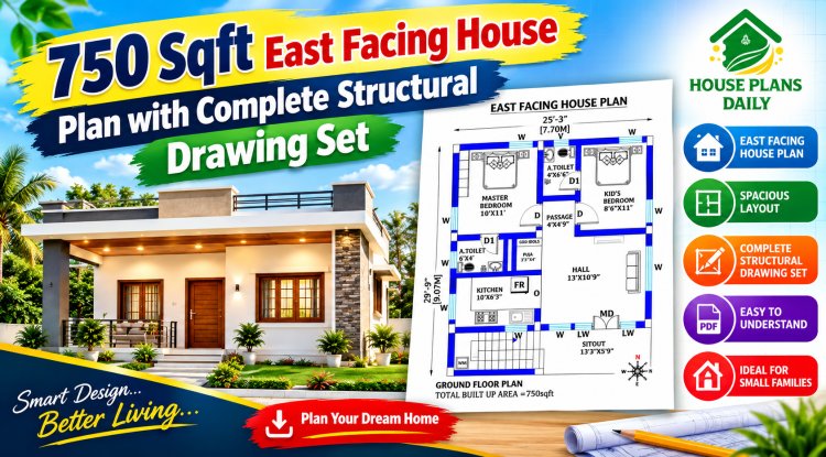 750 Sqft East Facing House Plan with Complete Structural Drawing Set