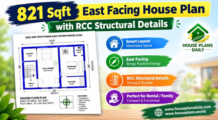 821 Sqft East Facing House Plan with RCC Structural Details