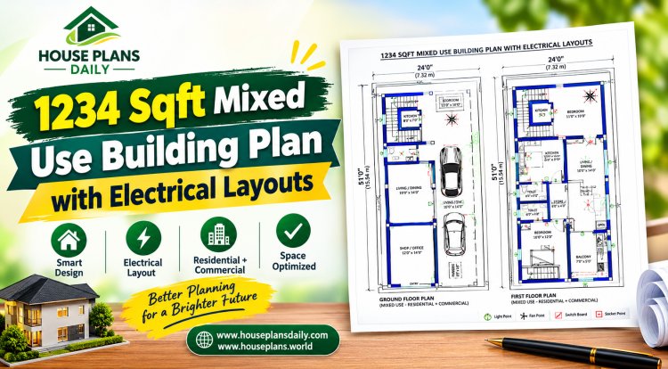 1234 Sqft Mixed Use Building Plan with Electrical Layouts